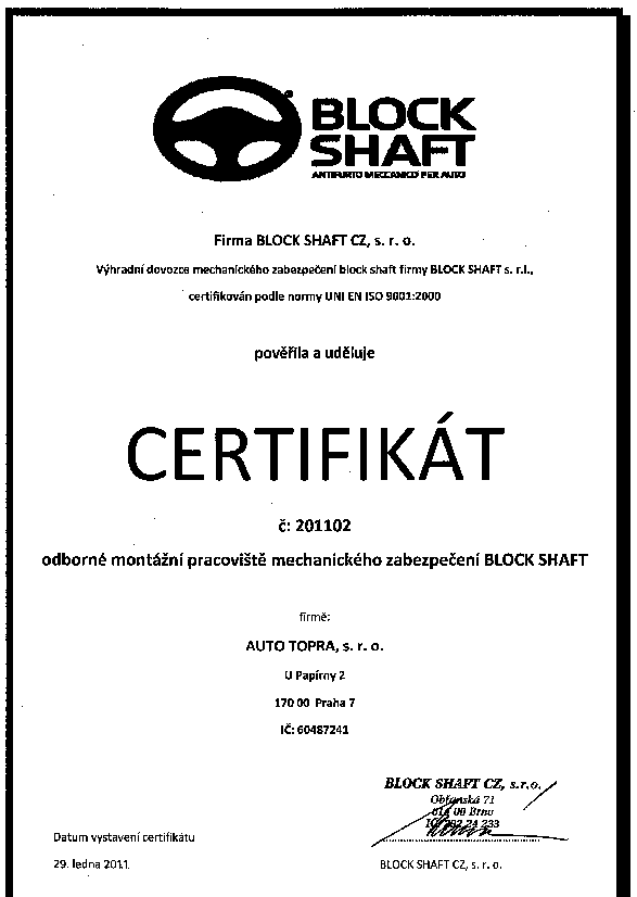 Certifikat Block Shaft pro Auto TOPRA